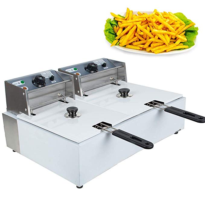 Zinnor 5000W 11L Commercial Electric Countertop Deep Fryer Dual Tanks with Baskets Protective Lids Stainless Steel Chicken Chips Fryer for Commercial Restaurant Kitchen with Adjustable Temperature