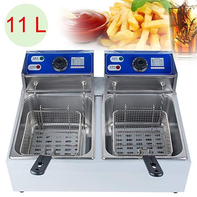 Zinnor 11L Electric Countertop Deep Fryer Dual Tank Commercial Restaurant Stainless Steel Tabletop Fryer with Lid Basket Ship from US