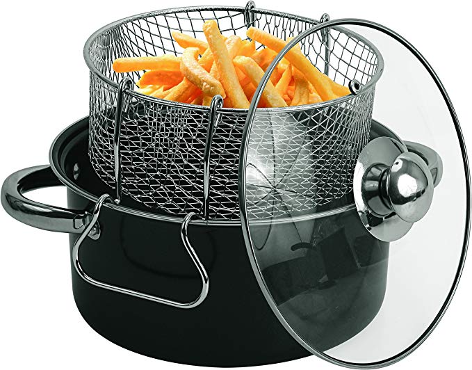 Wee's Beyond 6833-05 Carbon Steel Non-Stick Deep Fryer Set, 4.5 quart, Black