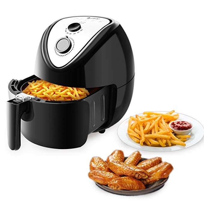 Z ZTDM Electric Air Fryer, 120V 5.6Quart 1800W Knob Control Non-Stick, Fast Healthy Food Oil-Less Low Fat Easy Cleaning, Air Deep Fryer Cooker with Metal Holder +Shelf +Food Clip, US Plug (Black)